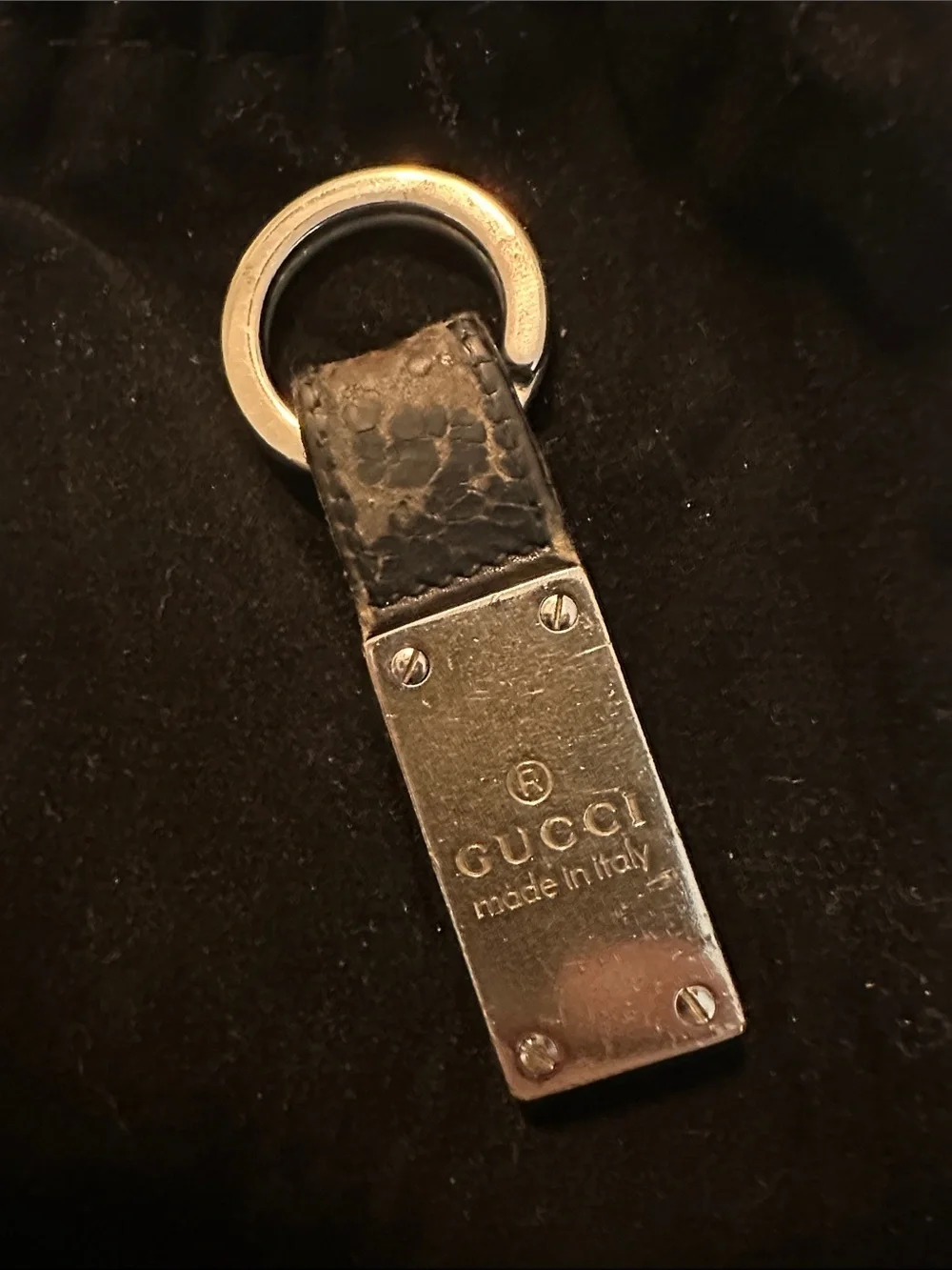 Gucci Black Leather Keyring with Silver-Tone Logo Plaque